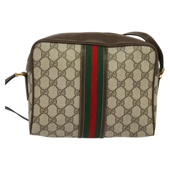 Authentic GUCCI GG Supreme Web Sherry Line Bag PVC Beige Red 001 56 0852